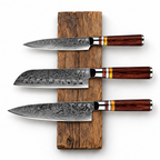 Set Evolution de 3 couteaux en acier damas : gyuto, santoku et petty, manches en Packa wood, série Takeshi