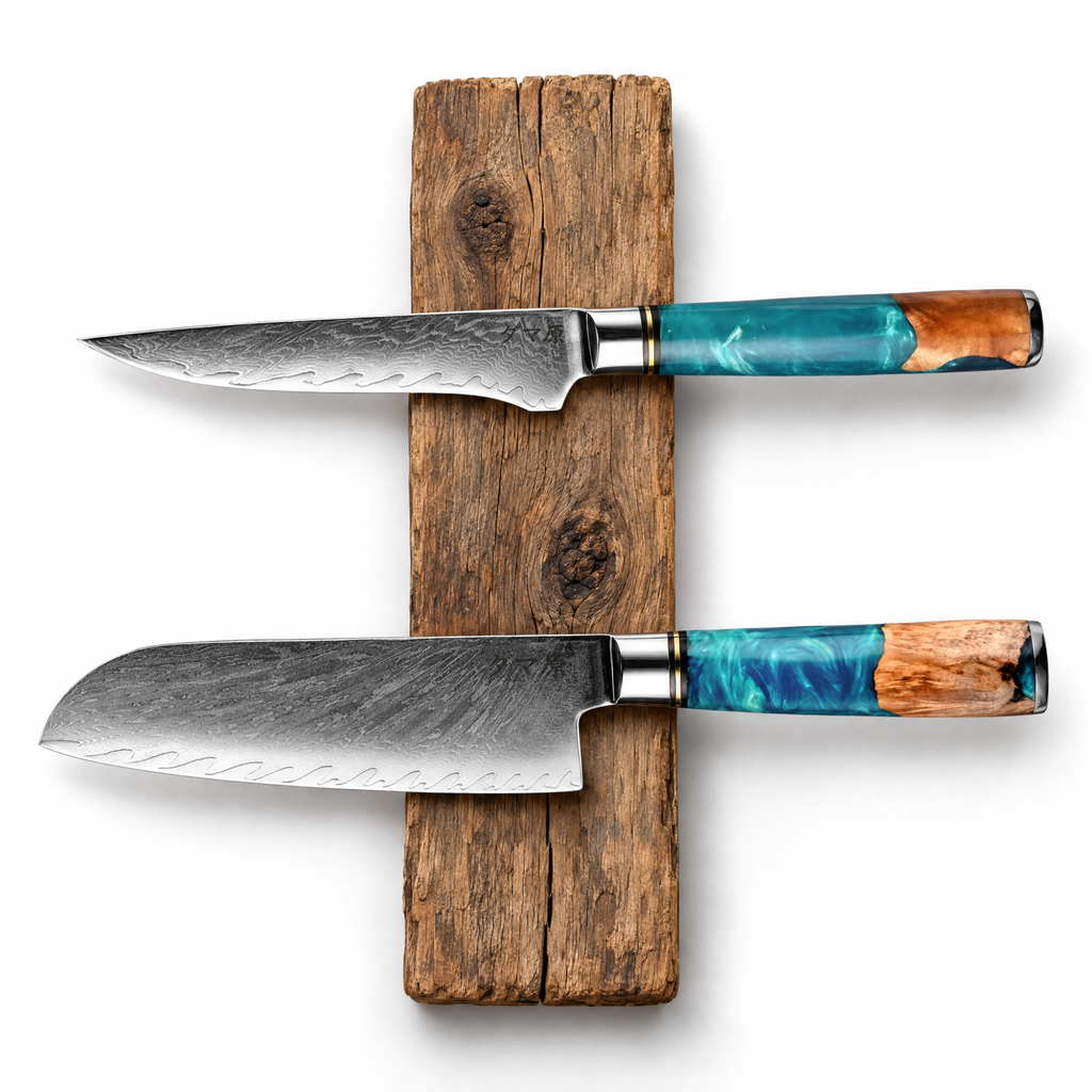 Set Essence de 2 couteaux en acier damas : santoku et honesuki désosseur, manches en bois stabilisé et résine, série Mizuki