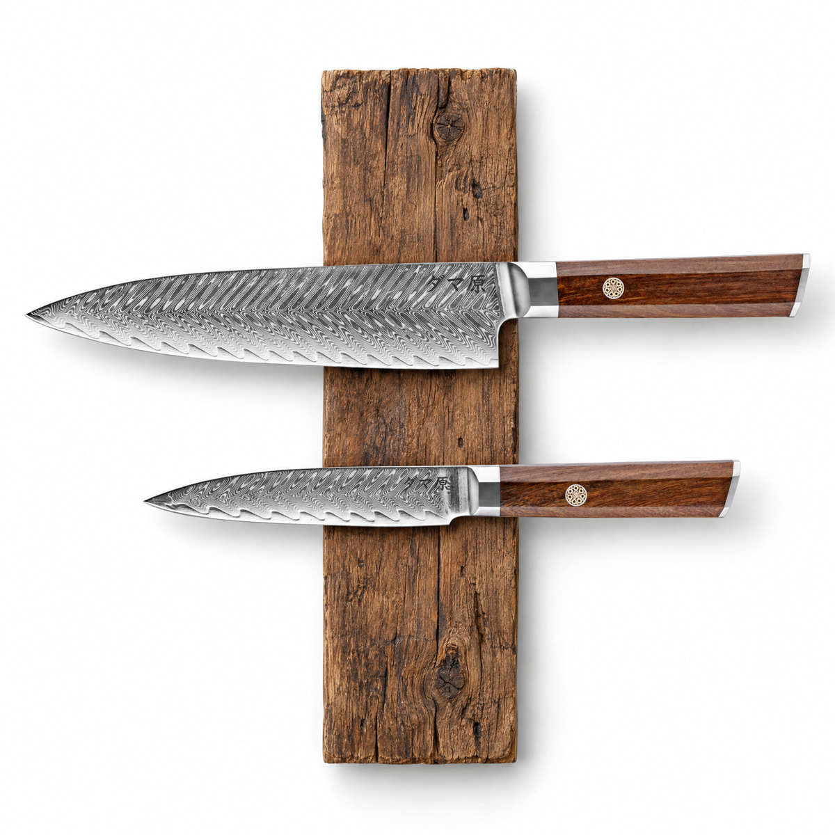 Set Essence de 2 couteaux en acier damas : gyuto et petty, manches en bois de rose, série Kurohana