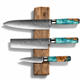Set Evolution de 3 couteaux en acier damas : gyuto, nakiri et ko-petty, manches en bois stabilisé et résine, série Mizuki